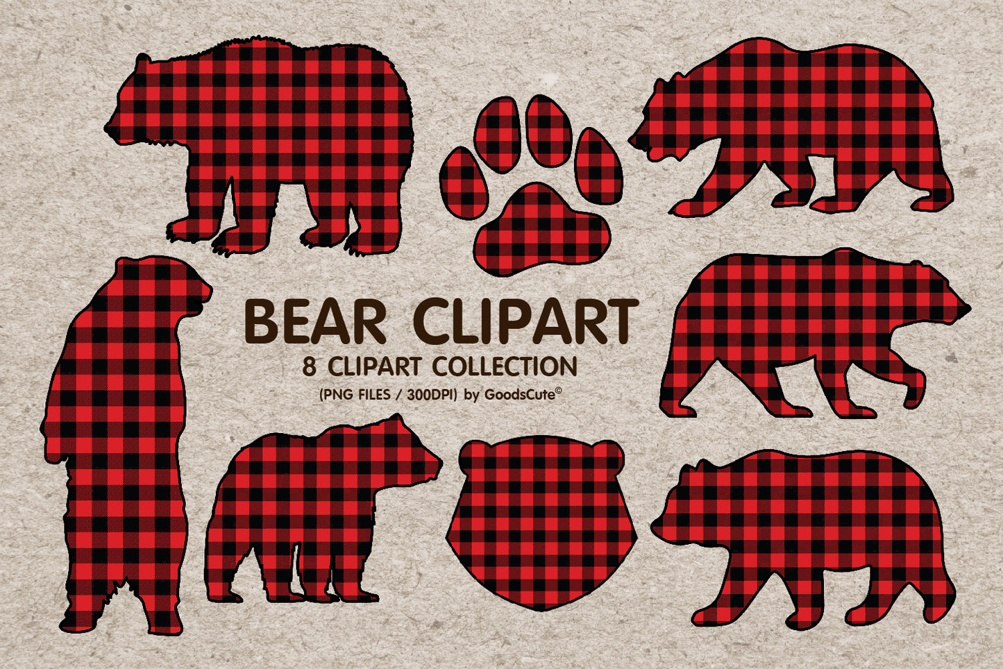Bear Buffalo Plaid • Clipart PNG • Sublimation Backgrounds & Textures